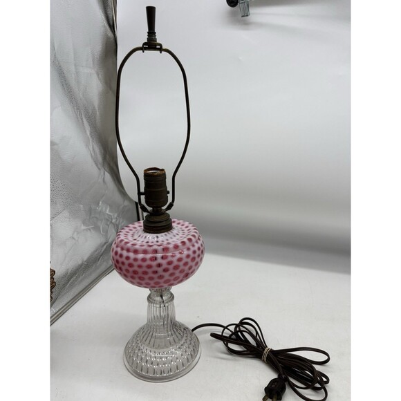 Antique Hobbs Cranberry Coin Spot Opalescent Glass Kerosene Oil Lamp Electrified - Picture 3 of 7